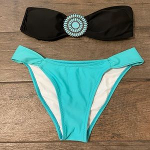 Black & Turquoise Bandeau Tube Bikini Set